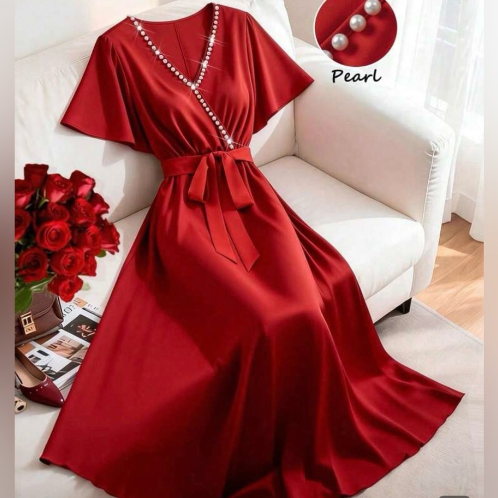 ♥️LADY IN RED♥️SUPER CUTE PLUS 4X RED DRESS WITH PEARL LIKE ACCENTS & BELT♥️